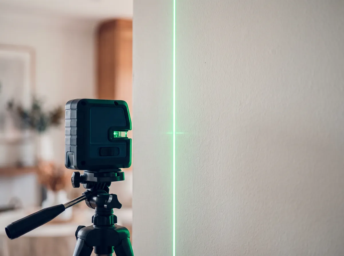 Nivel laser verificando la verticalidad (plomo) de un muro