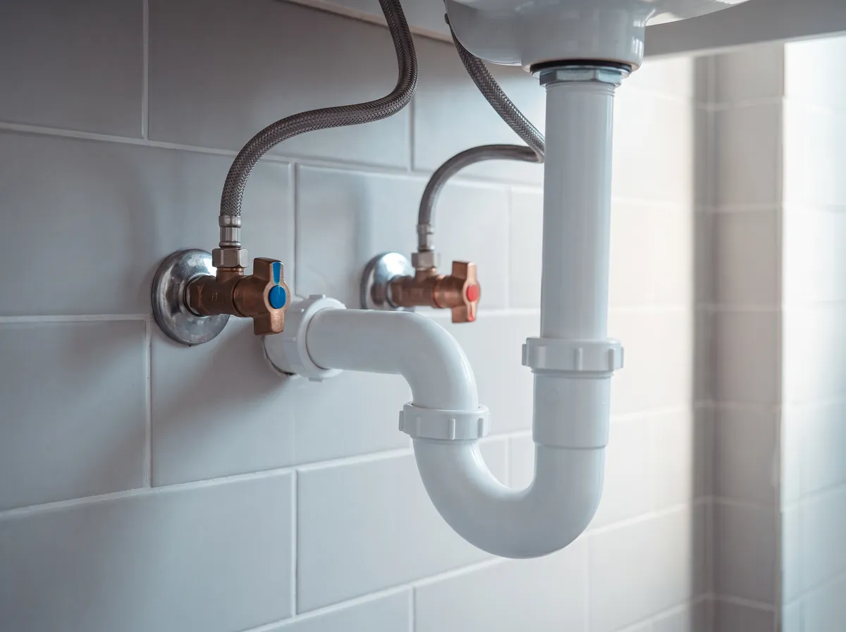 Tuberia de PVC con llaves de agua caliente y fria y cespol, revisada bajo un lavabo